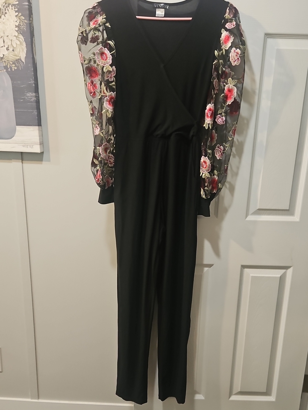 VENUS Black Jumpsuit with Floral Lace  Sleeves